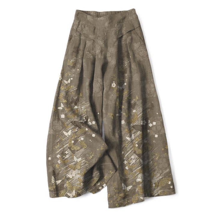 Buddha Stones Cotton Linen Bohemian Floral Gold Butterflies Pattern Women's Elastic Waist Wide Leg Pants With Pockets - Olive - US16，UK/AU20，EU48 (3XL) - image 4