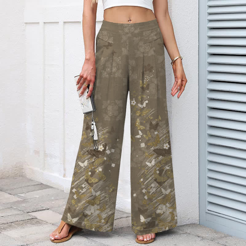 Buddha Stones Cotton Linen Bohemian Floral Gold Butterflies Pattern Women's Elastic Waist Wide Leg Pants With Pockets - image 5