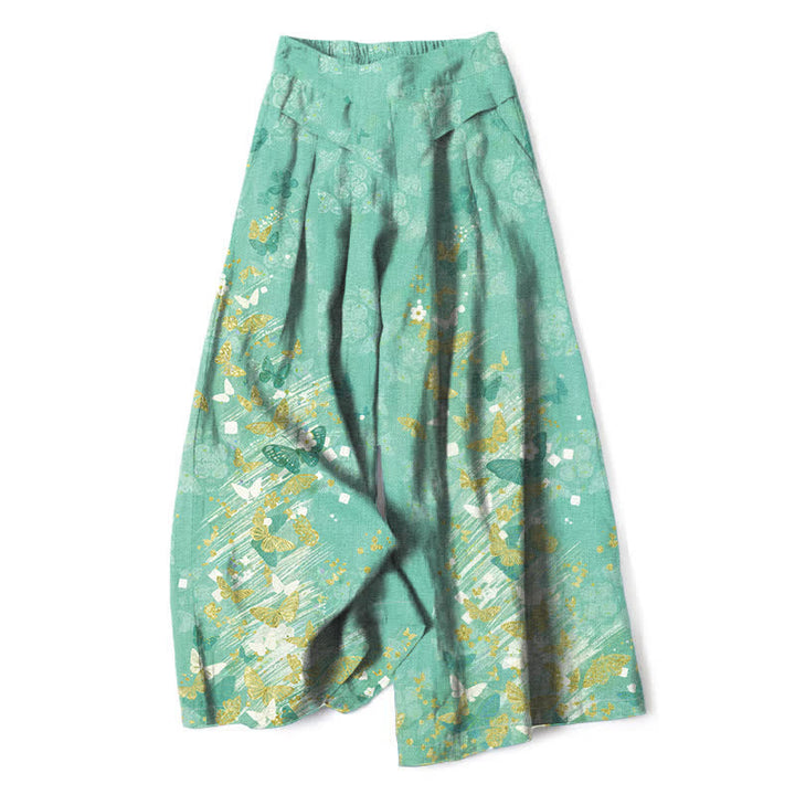 Buddha Stones Cotton Linen Bohemian Floral Gold Butterflies Pattern Women's Elastic Waist Wide Leg Pants With Pockets - MediumAquamarine - US16，UK/AU20，EU48 (3XL) - image 6