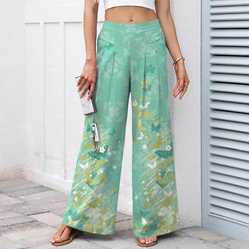Buddha Stones Cotton Linen Bohemian Floral Gold Butterflies Pattern Women's Elastic Waist Wide Leg Pants With Pockets - image 7