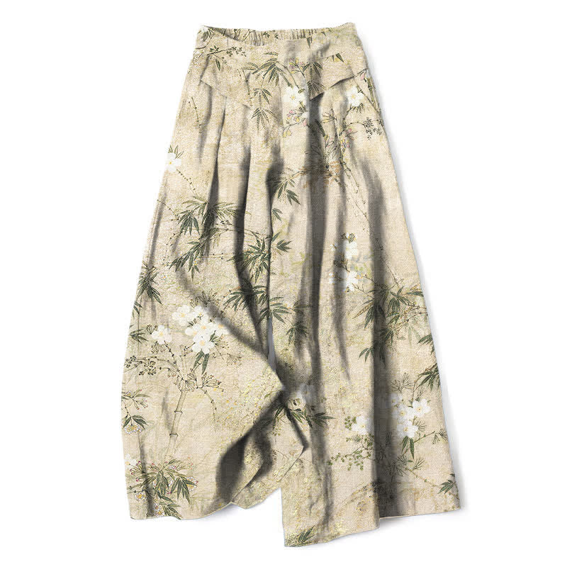 Buddha Stones Cotton Linen Bamboo Leaf Pattern Women's Elastic Waist Wide Leg Pants With Pockets - Beige - US16，UK/AU20，EU48 (3XL) - image 0