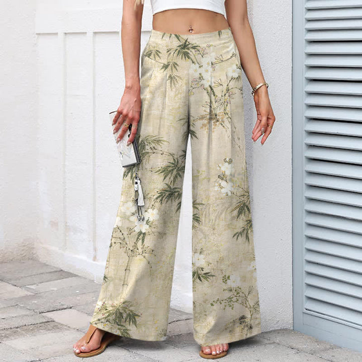 Buddha Stones Cotton Linen Bamboo Leaf Pattern Women's Elastic Waist Wide Leg Pants With Pockets - image 1