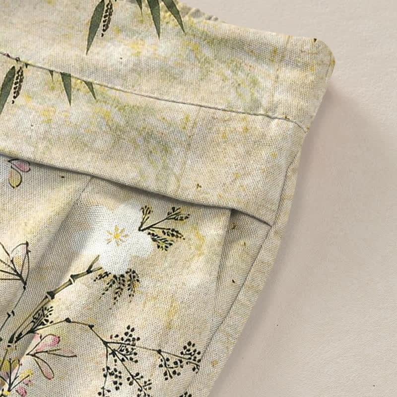 Buddha Stones Cotton Linen Bamboo Leaf Pattern Women's Elastic Waist Wide Leg Pants With Pockets - image 2
