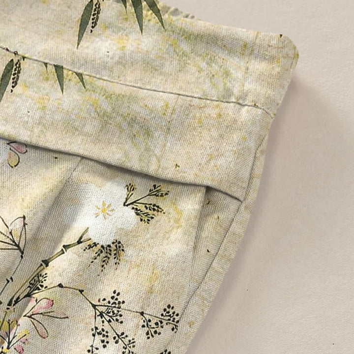 Buddha Stones Cotton Linen Bamboo Leaf Pattern Women's Elastic Waist Wide Leg Pants With Pockets - image 2