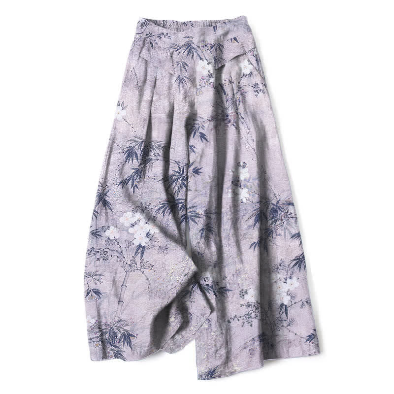 Buddha Stones Cotton Linen Bamboo Leaf Pattern Women's Elastic Waist Wide Leg Pants With Pockets - Lavender - US16，UK/AU20，EU48 (3XL) - image 4