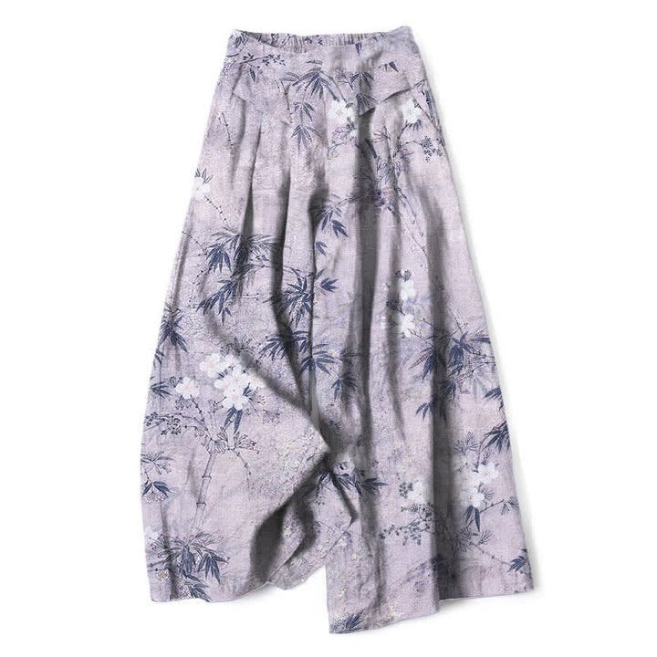 Buddha Stones Cotton Linen Bamboo Leaf Pattern Women's Elastic Waist Wide Leg Pants With Pockets - Lavender - US16，UK/AU20，EU48 (3XL) - image 4