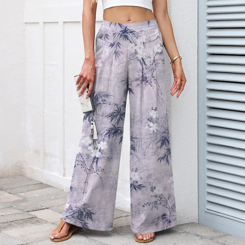 Buddha Stones Cotton Linen Bamboo Leaf Pattern Women's Elastic Waist Wide Leg Pants With Pockets - image 5