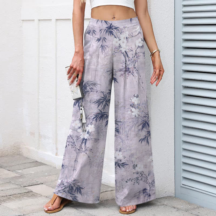 Buddha Stones Cotton Linen Bamboo Leaf Pattern Women's Elastic Waist Wide Leg Pants With Pockets - image 5