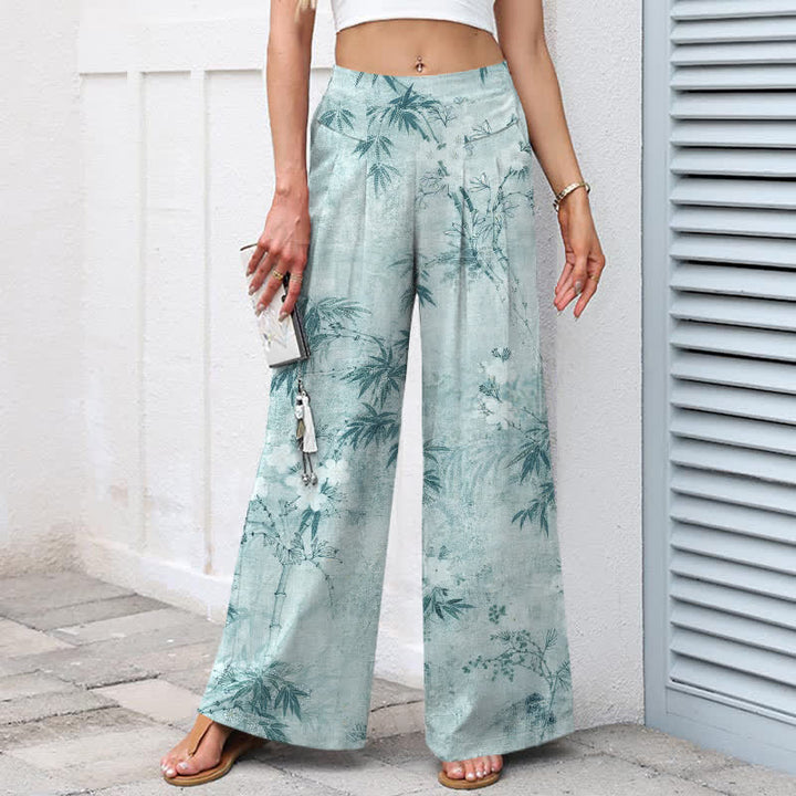 Buddha Stones Cotton Linen Bamboo Leaf Pattern Women's Elastic Waist Wide Leg Pants With Pockets - image 7