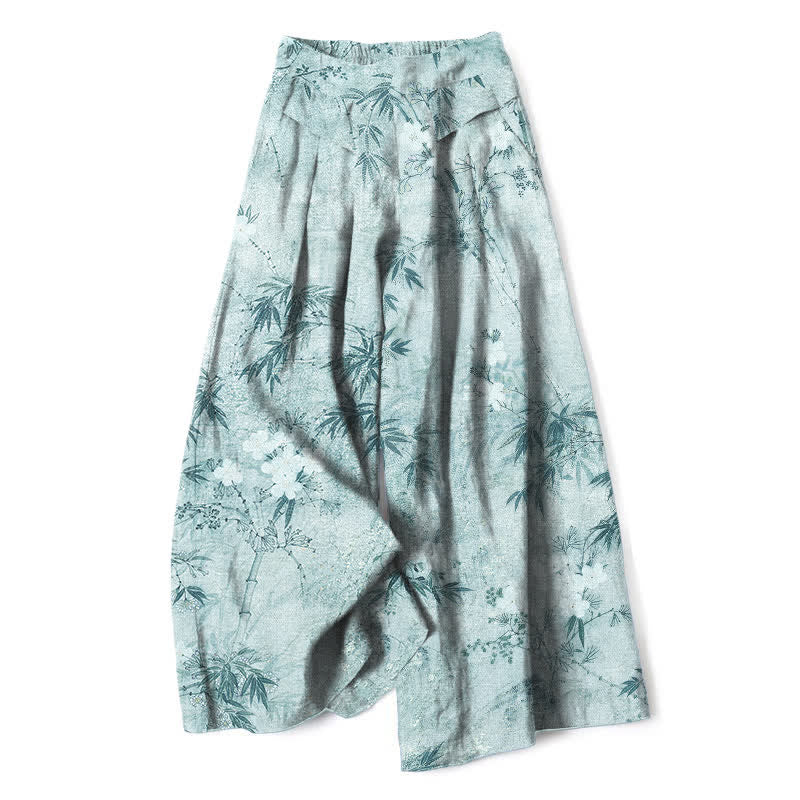 Buddha Stones Cotton Linen Bamboo Leaf Pattern Women's Elastic Waist Wide Leg Pants With Pockets - PaleTurquoise - US16，UK/AU20，EU48 (3XL) - image 6