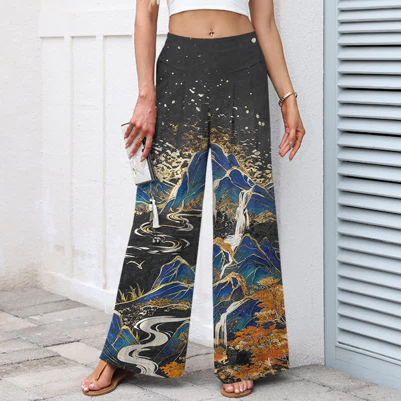 Buddha Stones Cotton Linen Oriental Landscape Pattern Women's Elastic Waist Wide Leg Pants With Pockets - image 1