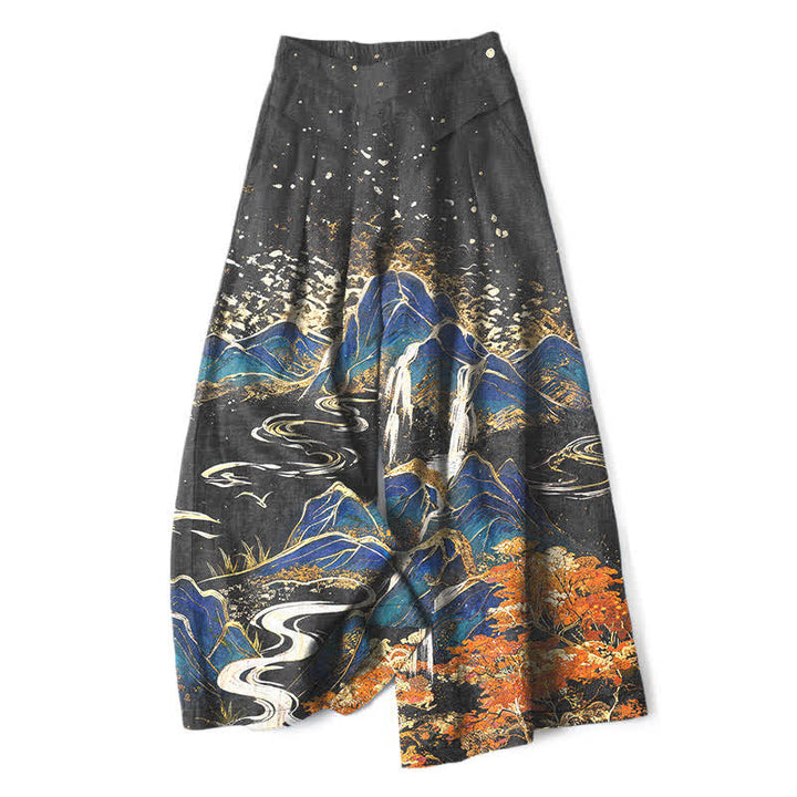 Buddha Stones Cotton Linen Oriental Landscape Pattern Women's Elastic Waist Wide Leg Pants With Pockets - Black - US16，UK/AU20，EU48 (3XL) - image 0