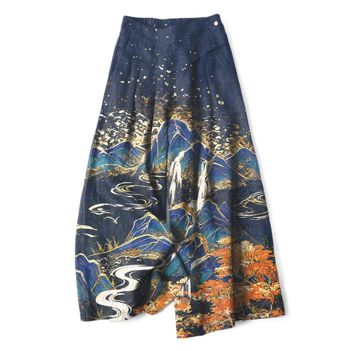 Buddha Stones Cotton Linen Oriental Landscape Pattern Women's Elastic Waist Wide Leg Pants With Pockets - Navy - US16，UK/AU20，EU48 (3XL) - image 4