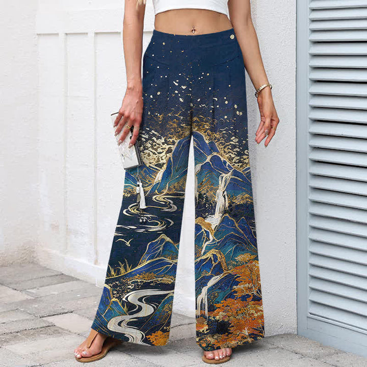 Buddha Stones Cotton Linen Oriental Landscape Pattern Women's Elastic Waist Wide Leg Pants With Pockets - image 5