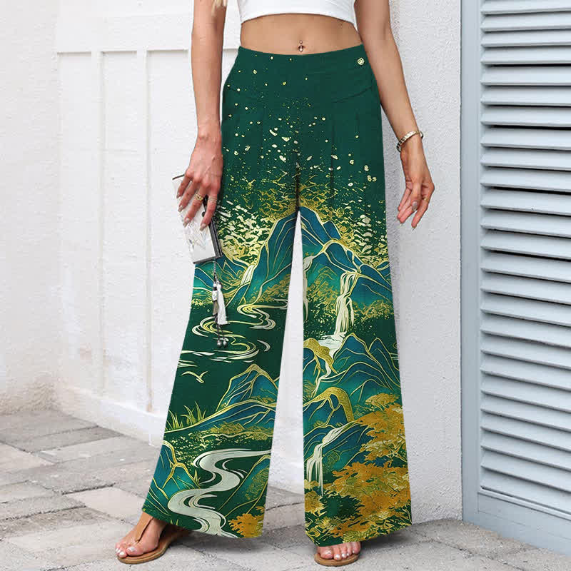 Buddha Stones Cotton Linen Oriental Landscape Pattern Women's Elastic Waist Wide Leg Pants With Pockets - image 7