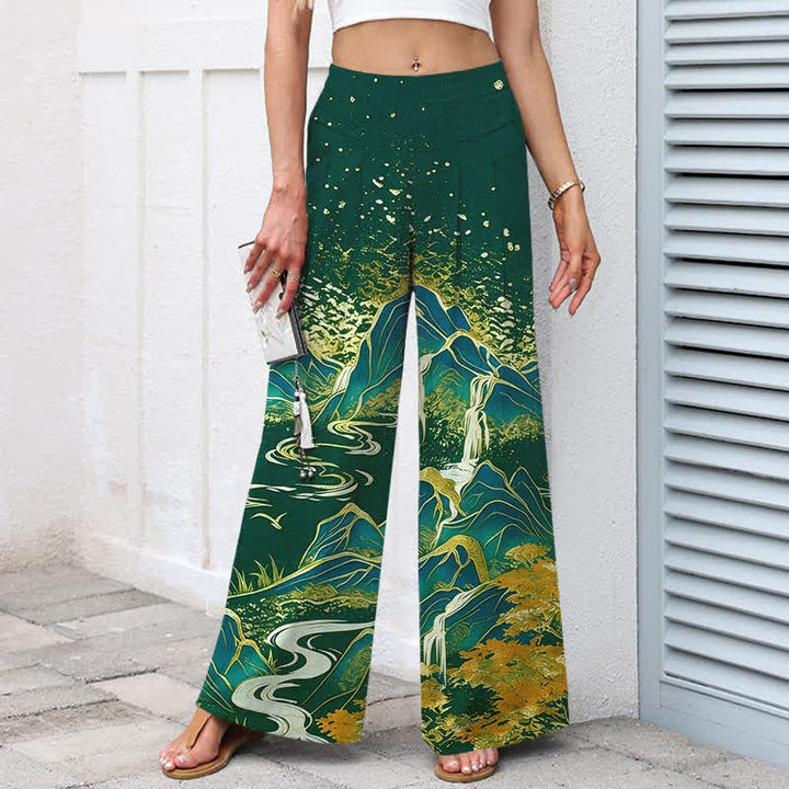 Buddha Stones Cotton Linen Oriental Landscape Pattern Women's Elastic Waist Wide Leg Pants With Pockets - image 7
