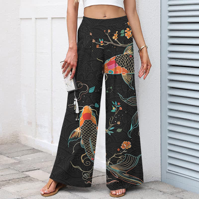 Buddha Stones Cotton Linen Koi Fish Floral Pattern Women's Elastic Waist Wide Leg Pants With Pockets - image 1