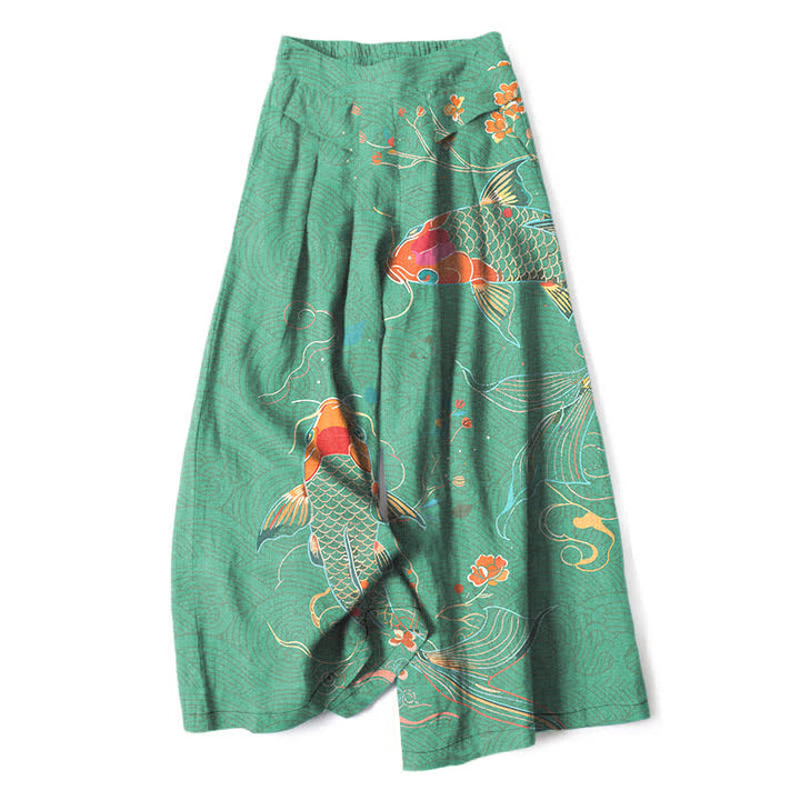 Buddha Stones Cotton Linen Koi Fish Floral Pattern Women's Elastic Waist Wide Leg Pants With Pockets - 	MediumSeaGreen - US16，UK/AU20，EU48 (3XL) - image 6