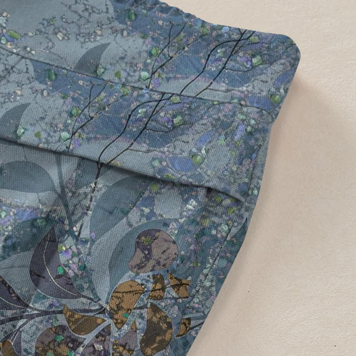 Buddha Stones Cotton Linen Vintage Leaf Pattern Women's Elastic Waist Wide Leg Pants With Pockets - image 2