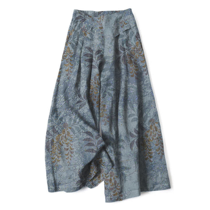 Buddha Stones Cotton Linen Vintage Leaf Pattern Women's Elastic Waist Wide Leg Pants With Pockets - LightSlateGray - US16，UK/AU20，EU48 (3XL) - image 0