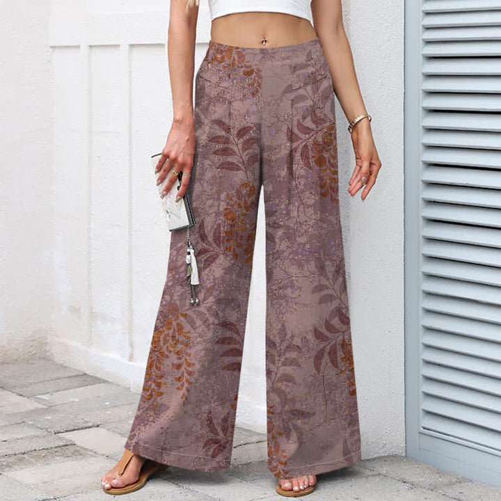 Buddha Stones Cotton Linen Vintage Leaf Pattern Women's Elastic Waist Wide Leg Pants With Pockets - image 5