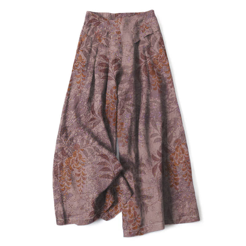 Buddha Stones Cotton Linen Vintage Leaf Pattern Women's Elastic Waist Wide Leg Pants With Pockets - RosyBrown - US16，UK/AU20，EU48 (3XL) - image 4