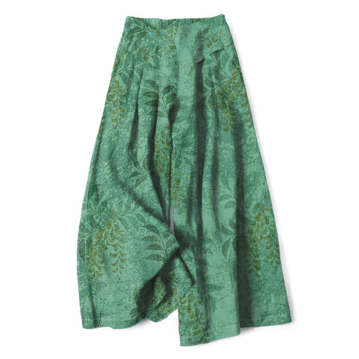 Buddha Stones Cotton Linen Vintage Leaf Pattern Women's Elastic Waist Wide Leg Pants With Pockets - MediumSeaGreen - US16，UK/AU20，EU48 (3XL) - image 6