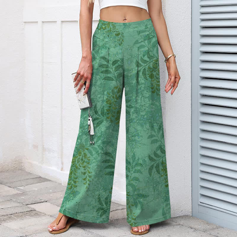 Buddha Stones Cotton Linen Vintage Leaf Pattern Women's Elastic Waist Wide Leg Pants With Pockets - image 7