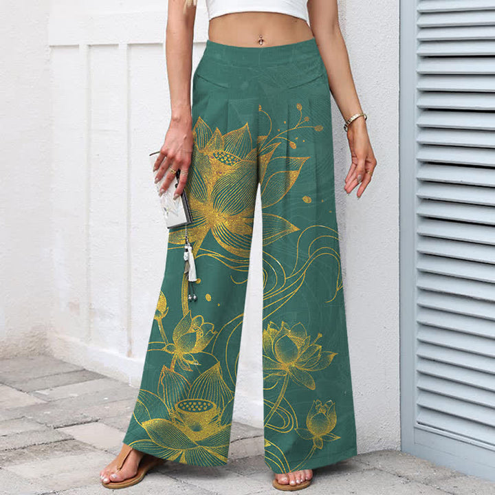 Buddha Stones Cotton Linen Gold Lotus Pattern Women's Elastic Waist Wide Leg Pants With Pockets - image 1