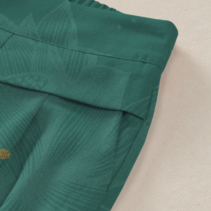 Buddha Stones Cotton Linen Gold Lotus Pattern Women's Elastic Waist Wide Leg Pants With Pockets - image 2