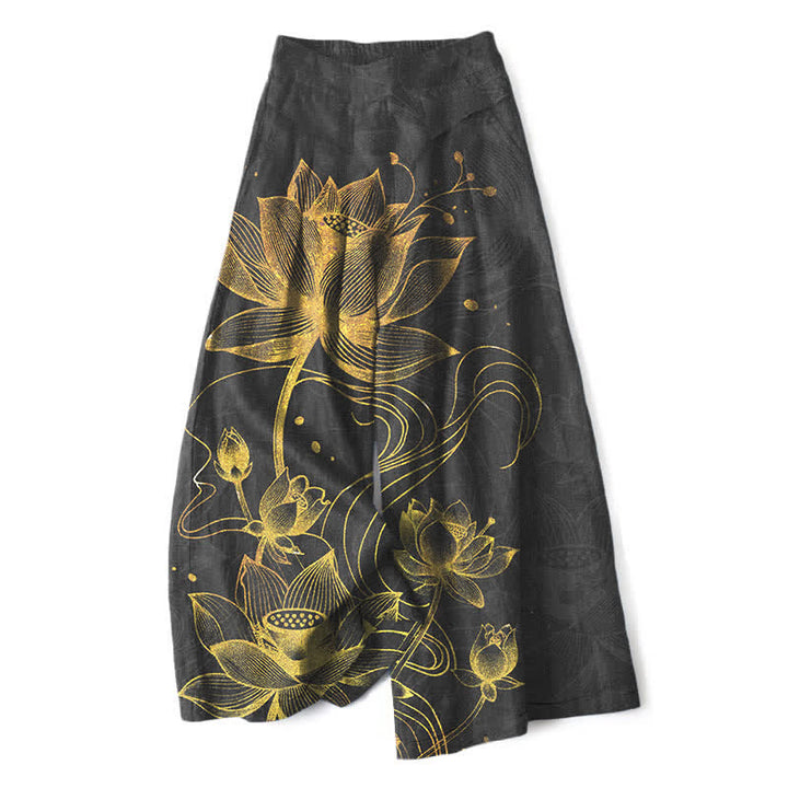 Buddha Stones Cotton Linen Gold Lotus Pattern Women's Elastic Waist Wide Leg Pants With Pockets - Black - US16，UK/AU20，EU48 (3XL) - image 4