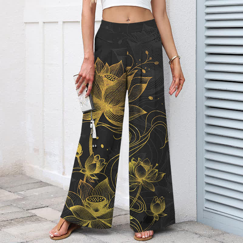 Buddha Stones Cotton Linen Gold Lotus Pattern Women's Elastic Waist Wide Leg Pants With Pockets - image 5