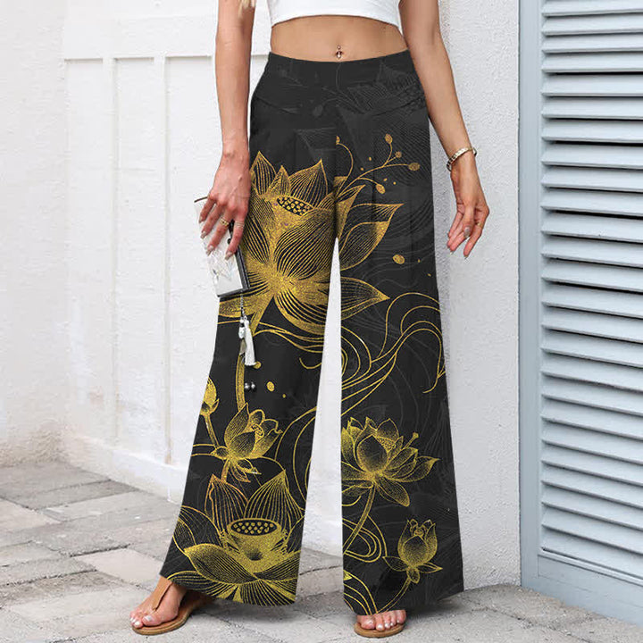 Buddha Stones Cotton Linen Gold Lotus Pattern Women's Elastic Waist Wide Leg Pants With Pockets - image 5