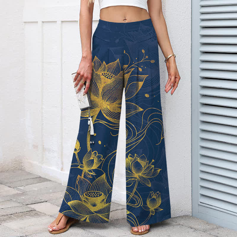 Buddha Stones Cotton Linen Gold Lotus Pattern Women's Elastic Waist Wide Leg Pants With Pockets - image 7