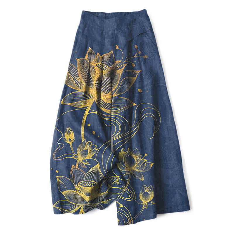 Buddha Stones Cotton Linen Gold Lotus Pattern Women's Elastic Waist Wide Leg Pants With Pockets - Navy - US16，UK/AU20，EU48 (3XL) - image 6