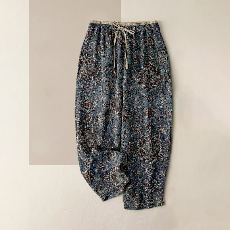 Buddha Stones Pure Cotton Bohemian Floral Pattern Women's Elastic Waist Pants With Pockets - SteelBlue - US16，UK/AU20，EU48 (3XL) - image 0