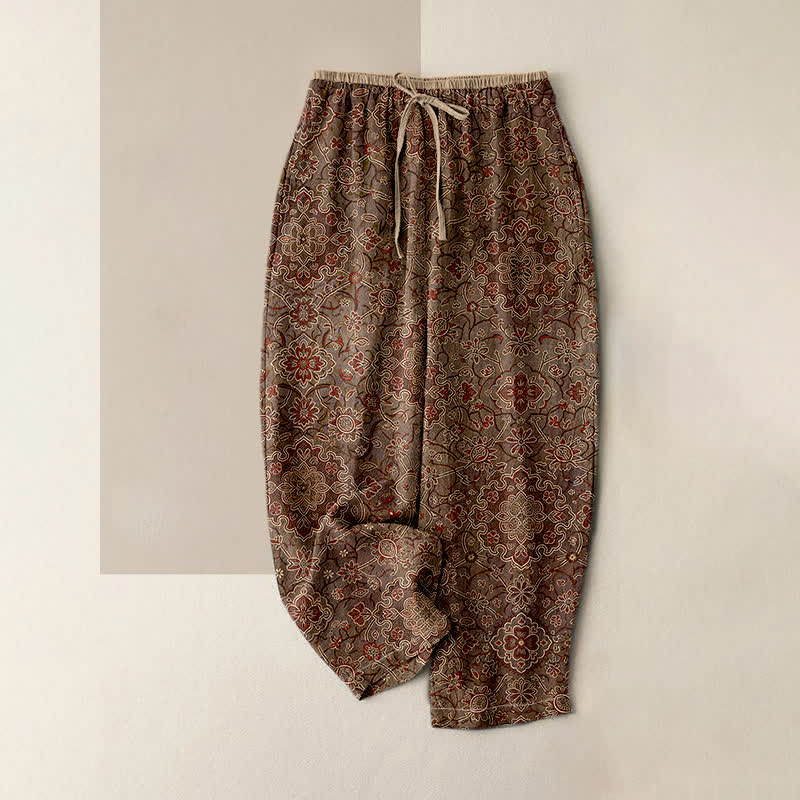 Buddha Stones Pure Cotton Bohemian Floral Pattern Women's Elastic Waist Pants With Pockets - SaddleBrown - US16，UK/AU20，EU48 (3XL) - image 4