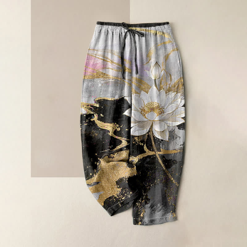 Buddha Stones Pure Cotton Lotus Ink Wash Pattern Women's Elastic Waist Pants With Pockets - Black - US16，UK/AU20，EU48 (3XL) - image 0