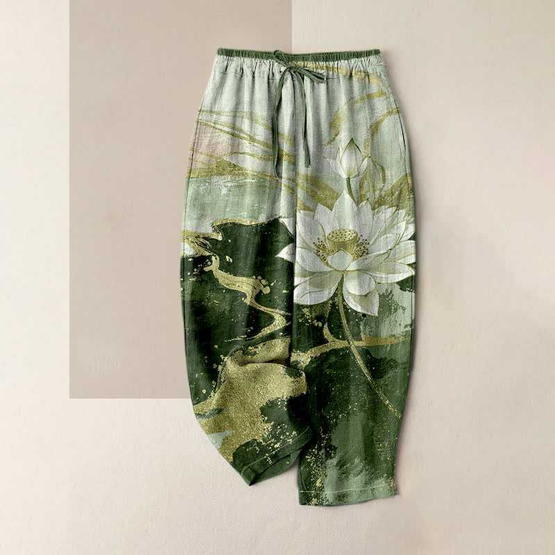 Buddha Stones Pure Cotton Lotus Ink Wash Pattern Women's Elastic Waist Pants With Pockets - OliveDrab - US16，UK/AU20，EU48 (3XL) - image 3