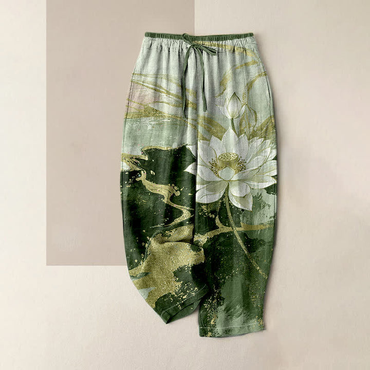 Buddha Stones Pure Cotton Lotus Ink Wash Pattern Women's Elastic Waist Pants With Pockets - OliveDrab - US16，UK/AU20，EU48 (3XL) - image 3