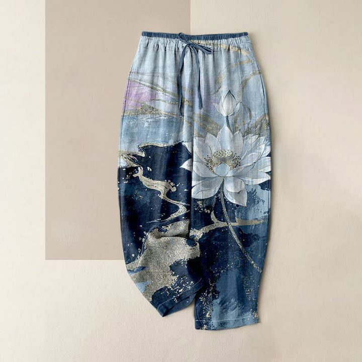 Buddha Stones Pure Cotton Lotus Ink Wash Pattern Women's Elastic Waist Pants With Pockets - SteelBlue - US16，UK/AU20，EU48 (3XL) - image 4