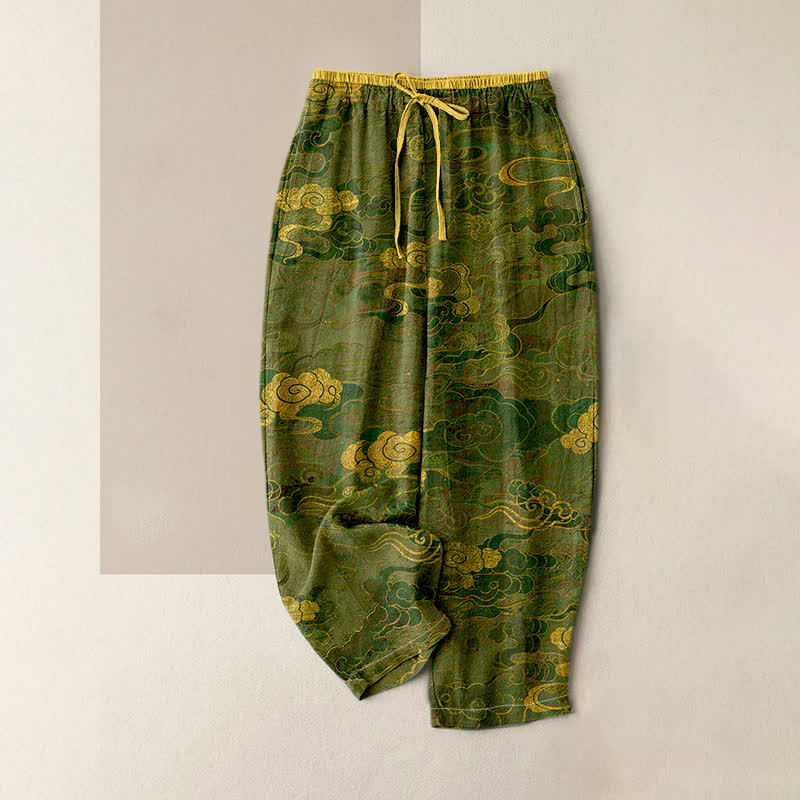 Buddha Stones Pure Cotton Oriental Cloud Pattern Women's Elastic Waist Pants With Pockets - OliveDrab - US16，UK/AU20，EU48 (3XL) - image 3