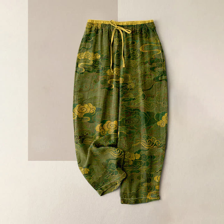 Buddha Stones Pure Cotton Oriental Cloud Pattern Women's Elastic Waist Pants With Pockets - OliveDrab - US16，UK/AU20，EU48 (3XL) - image 3