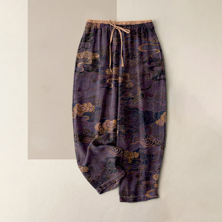 Buddha Stones Pure Cotton Oriental Cloud Pattern Women's Elastic Waist Pants With Pockets - Purple - US16，UK/AU20，EU48 (3XL) - image 4