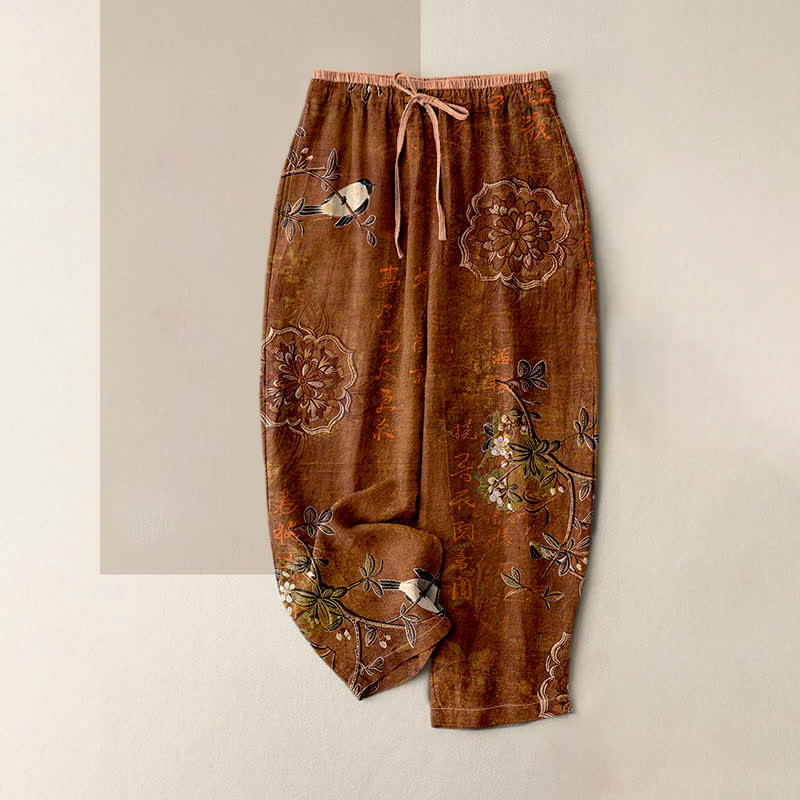 Buddha Stones Pure Cotton Bohemian Floral Bird Pattern Women's Elastic Waist Pants With Pockets - SaddleBrown - US16，UK/AU20，EU48 (3XL) - image 0