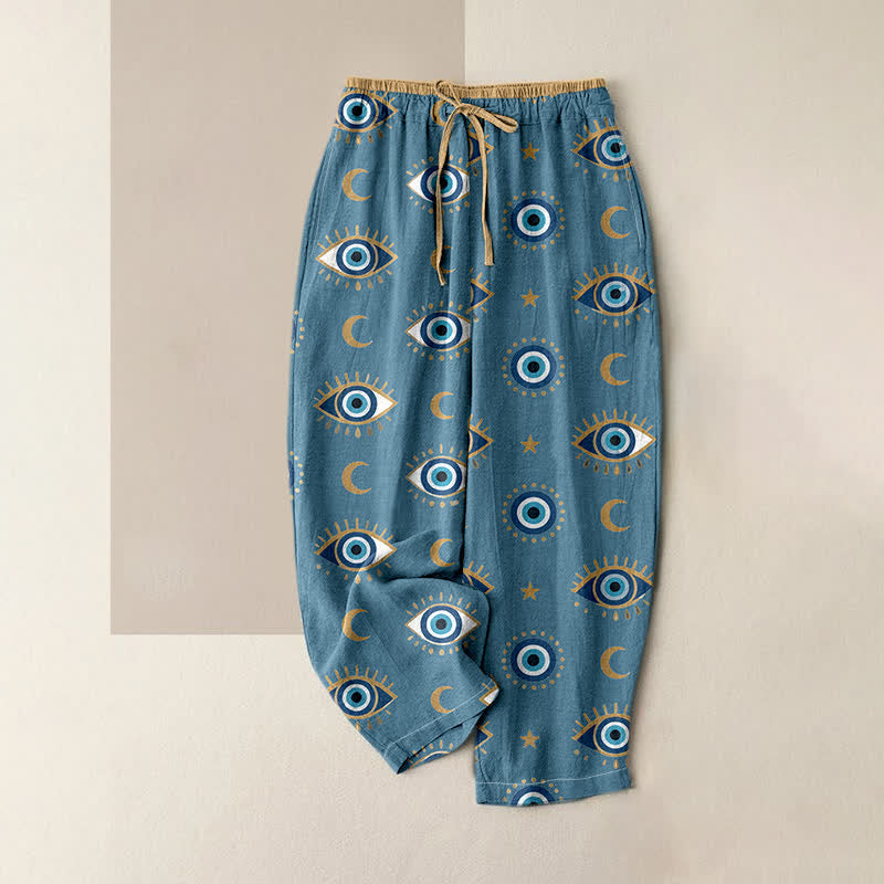 Buddha Stones Pure Cotton Mystic Evil Eye Pattern Women's Elastic Waist Pants With Pockets - CadetBlue - US16，UK/AU20，EU48 (3XL) - image 0