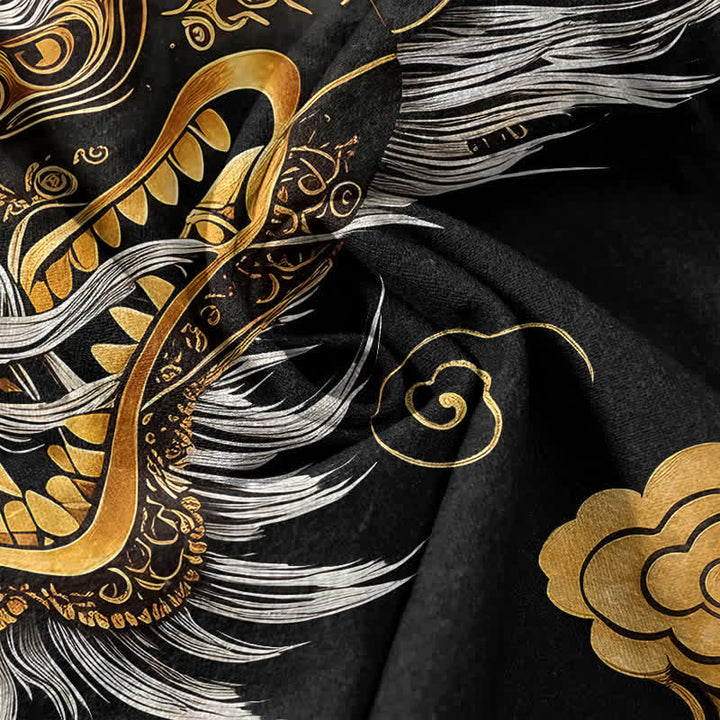 Buddha Stones Cotton Golden Dragon Pattern Men's Short Sleeve Half Button Shirt - image 4