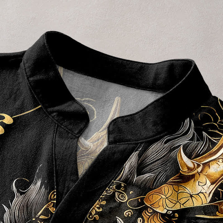 Buddha Stones Cotton Golden Dragon Pattern Men's Short Sleeve Half Button Shirt - image 2