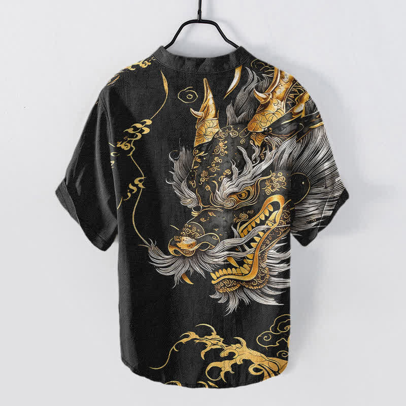 Buddha Stones Cotton Golden Dragon Pattern Men's Short Sleeve Half Button Shirt - image 1