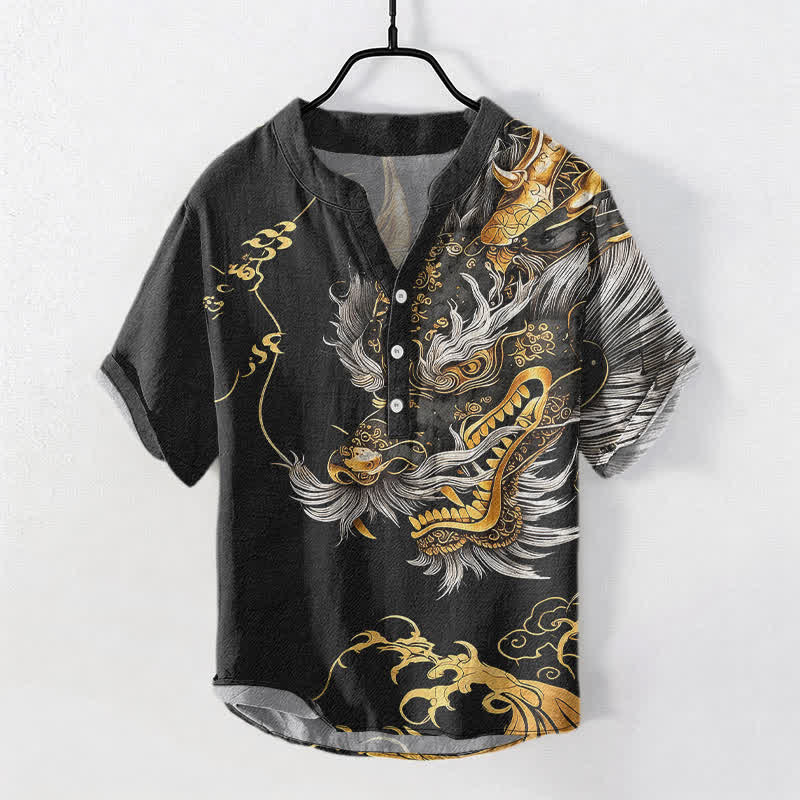 Buddha Stones Cotton Golden Dragon Pattern Men's Short Sleeve Half Button Shirt - Black - US/UK/AU50，EU60 (5XL) - image 0
